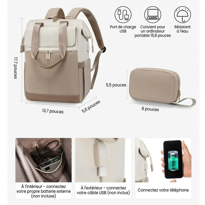 Sac à dos à langer crème — Voyage versatile ordinateur grande capacité – Maison Lunö (photo 2)