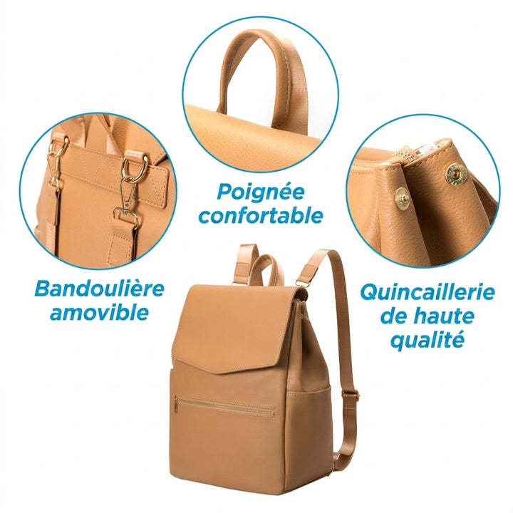 Sac à dos à langer cuir PU — Pour poussette grande capacité tapis – Maison Lunö (photo 3)