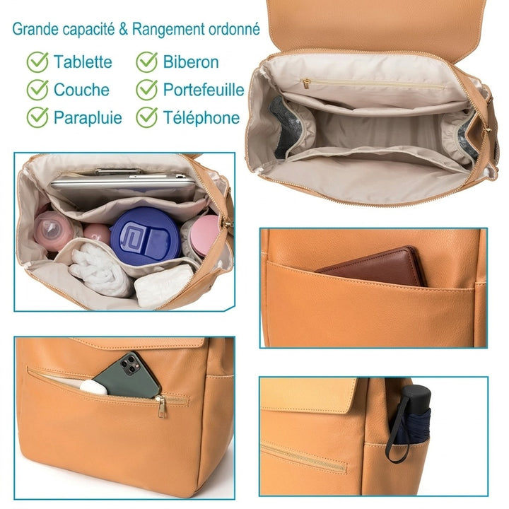 Sac à dos à langer cuir PU — Pour poussette grande capacité tapis – Maison Lunö (photo 4)