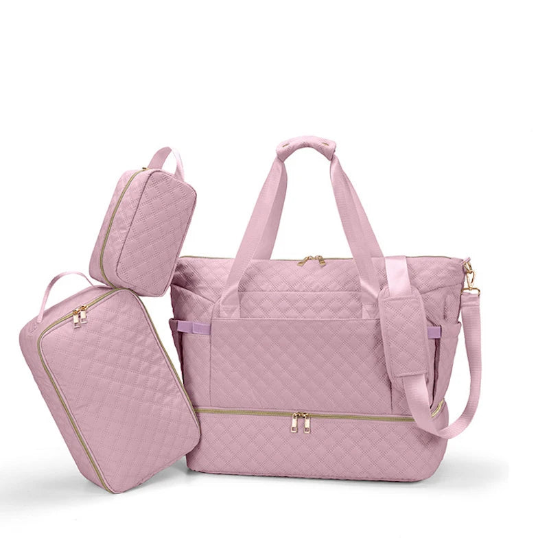 Sac à langer 3 pièces matelassé Maison Lunö — coloris rose, avec sa trousse et son sac à chaussures assortis