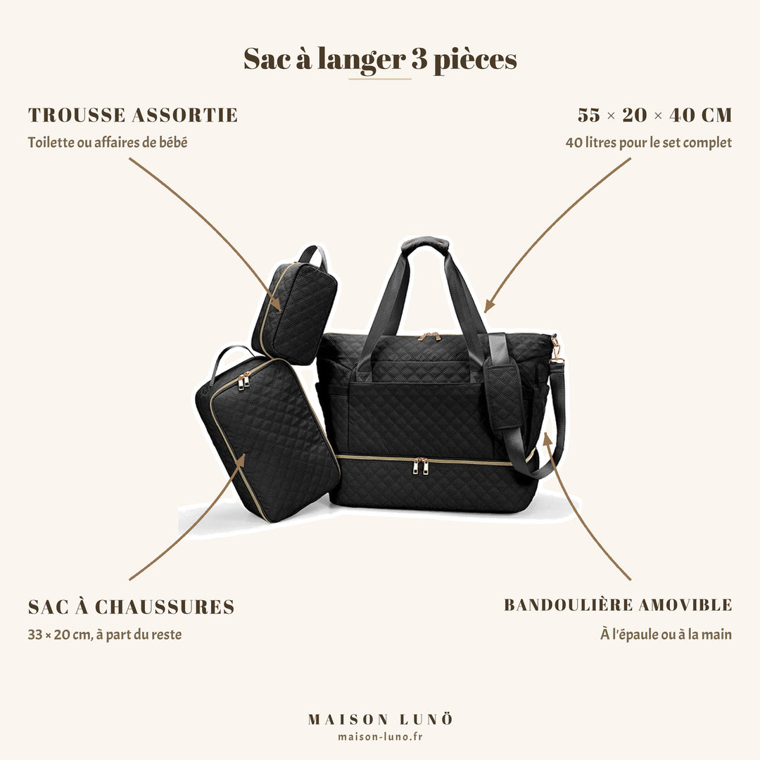 Sac à langer 3 pièces matelassé Maison Lunö — 55 × 20 × 40 cm et 40 litres, trousse assortie, sac à chaussures 33 × 20 cm et bandoulière amovible