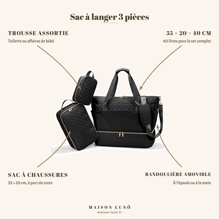 Sac à langer 3 pièces matelassé Maison Lunö — 55 × 20 × 40 cm et 40 litres, trousse assortie, sac à chaussures 33 × 20 cm et bandoulière amovible