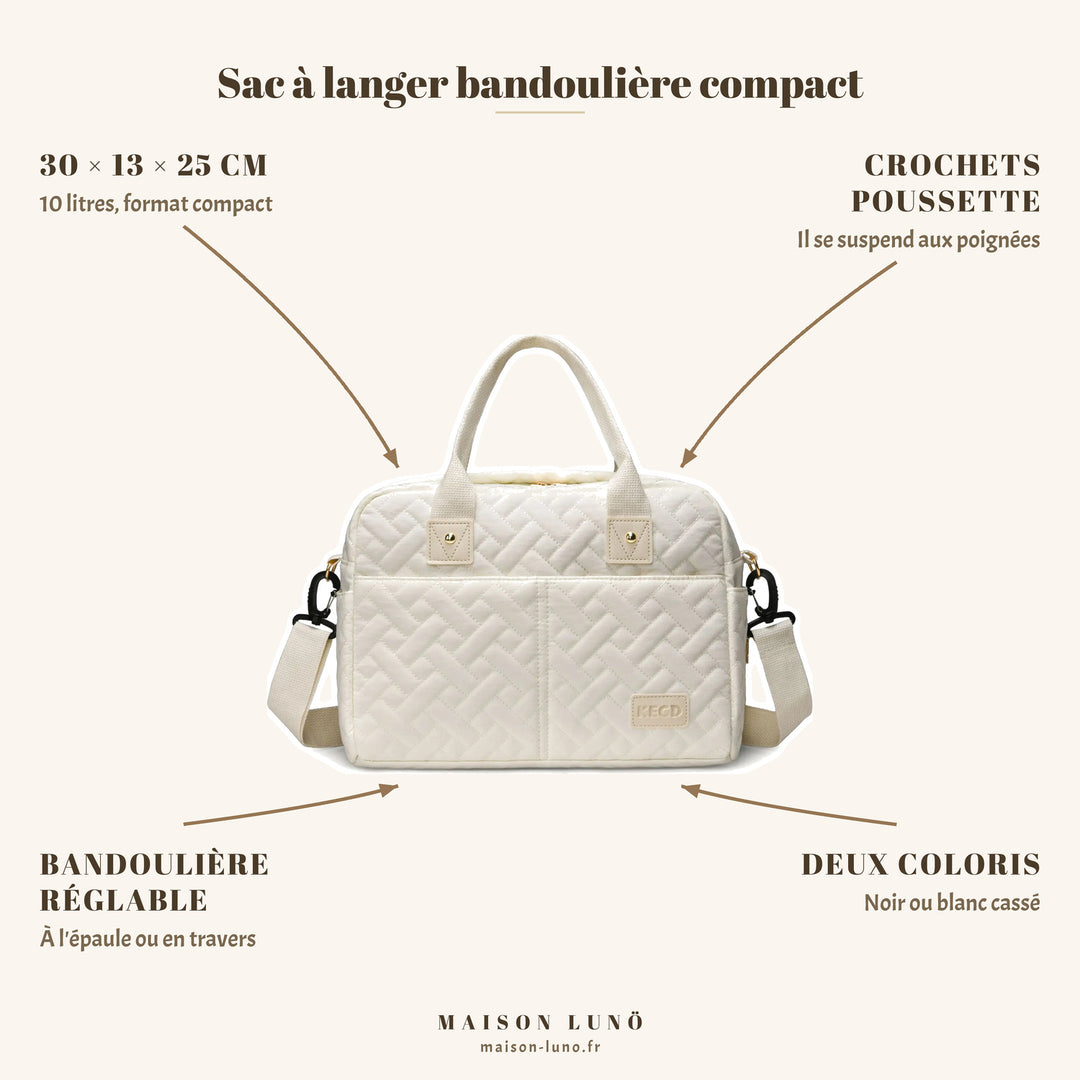 Sac à langer bandoulière compact Maison Lunö — 30 × 13 × 25 cm, 10 litres et crochets poussette