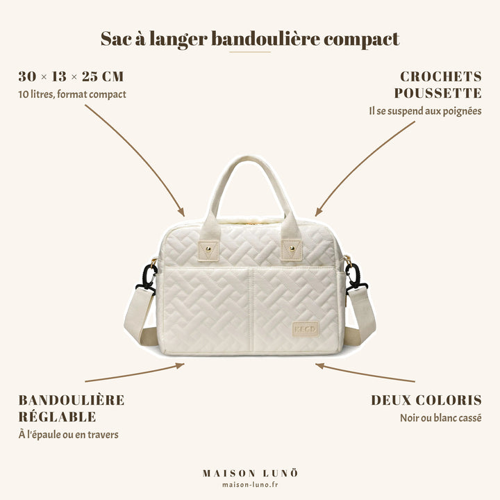 Sac à langer bandoulière compact Maison Lunö — 30 × 13 × 25 cm, 10 litres et crochets poussette