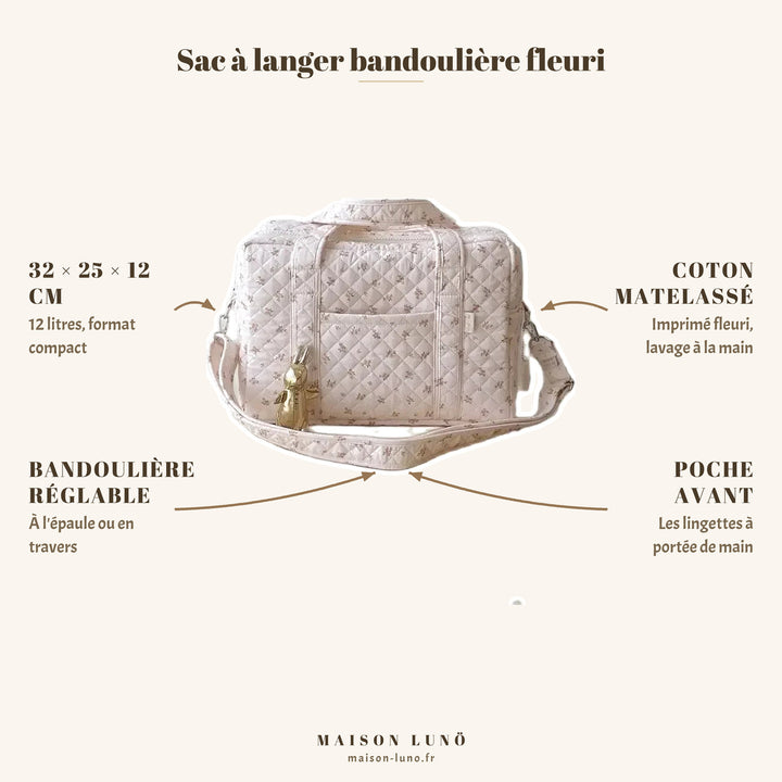 Sac à langer bandoulière fleuri Maison Lunö — 32 × 25 × 12 cm, 12 litres, coton matelassé et bandoulière réglable