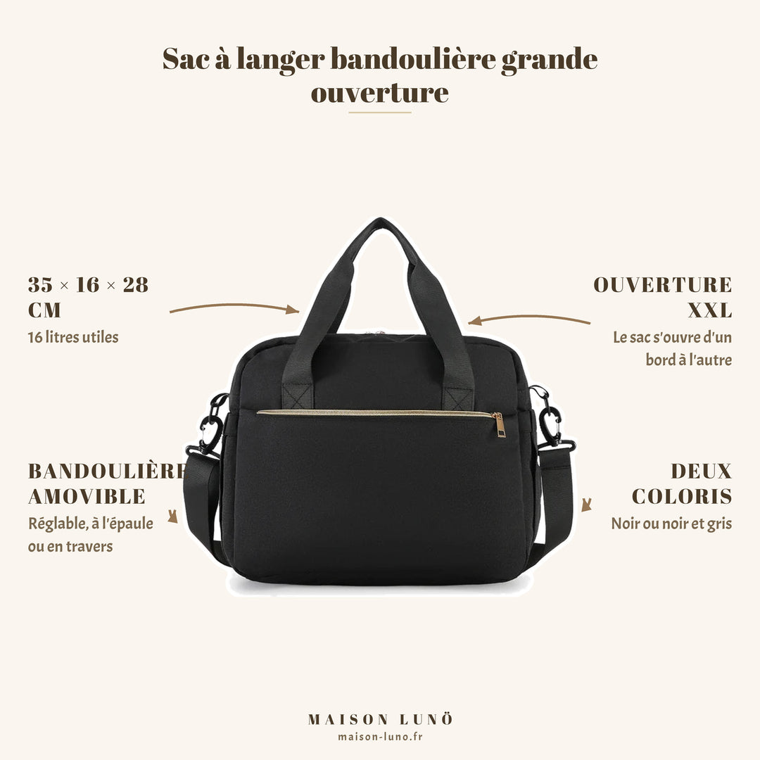 Sac à langer bandoulière grande ouverture Maison Lunö — 35 × 16 × 28 cm, 16 litres et ouverture XXL