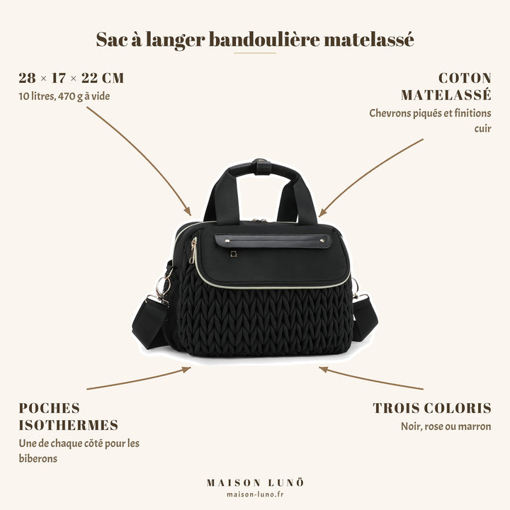 Sac à langer bandoulière matelassé Maison Lunö — 28 × 17 × 22 cm, 10 litres, poches isothermes et trois coloris