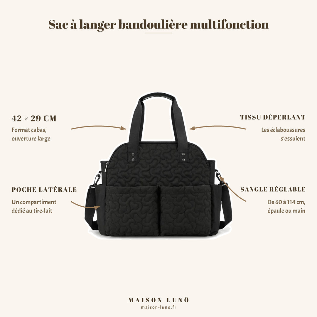 Sac à langer bandoulière multifonction Maison Lunö — 42 × 29 cm, tissu déperlant, poche latérale tire-lait et sangle réglable de 60 à 114 cm