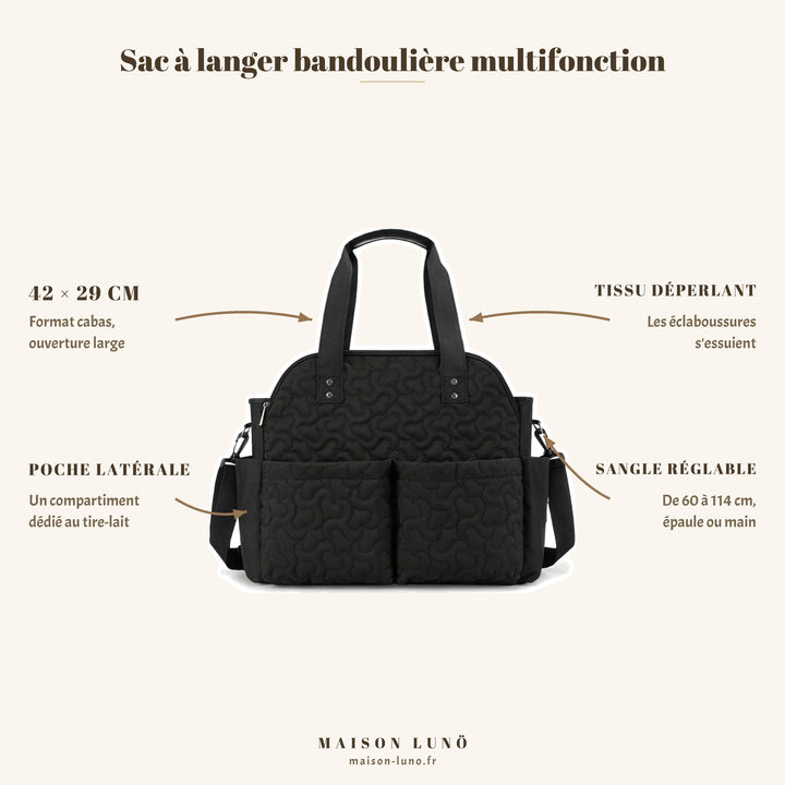 Sac à langer bandoulière multifonction Maison Lunö — 42 × 29 cm, tissu déperlant, poche latérale tire-lait et sangle réglable de 60 à 114 cm