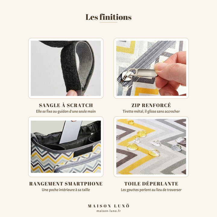 Finitions du sac à langer bandoulière poussette Maison Lunö — sangle à scratch, zip renforcé à tirette métal, rangement smartphone et toile déperlante
