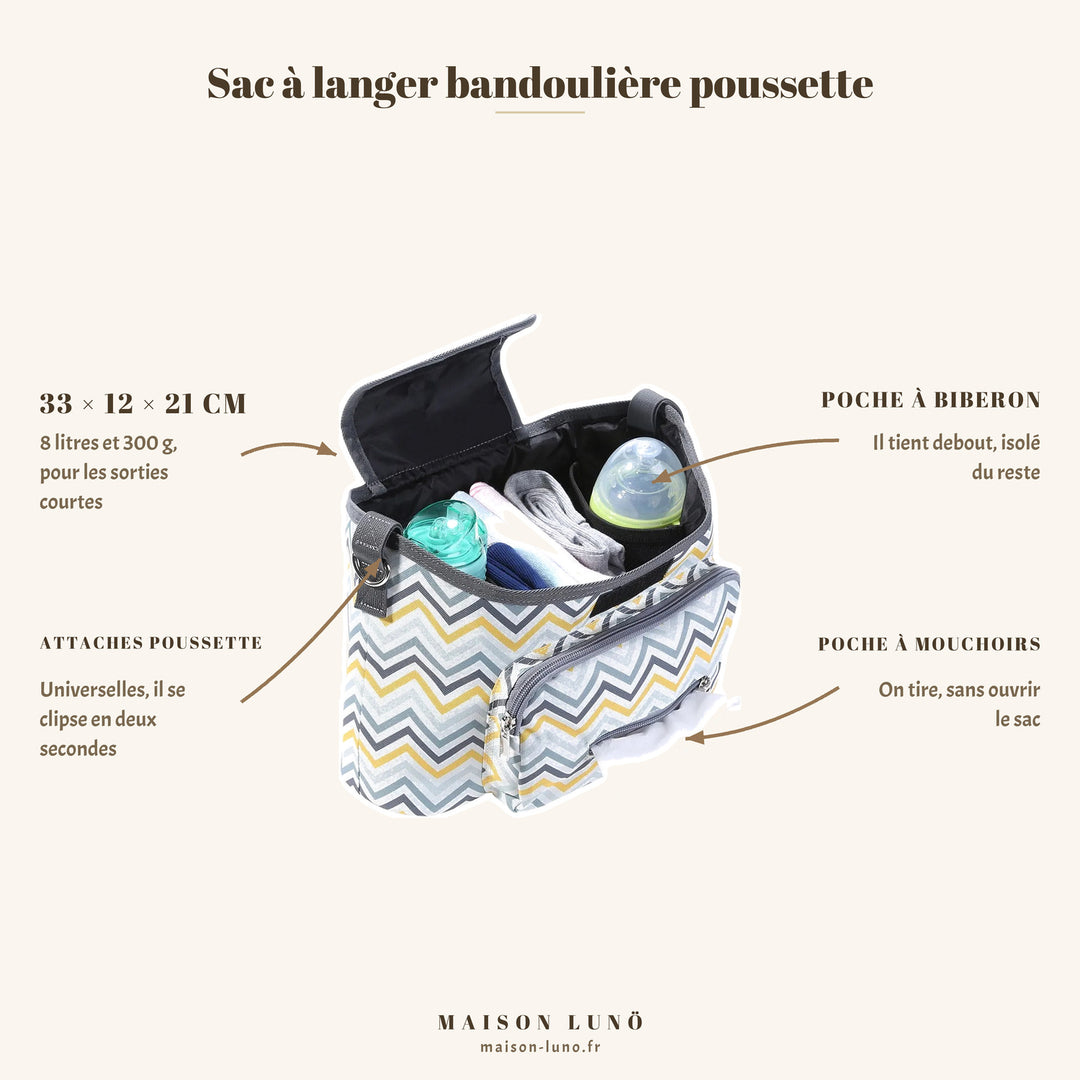 Sac à langer bandoulière poussette Maison Lunö — 33 × 12 × 21 cm, 8 litres, 300 g, poche à biberon isolée, attaches poussette universelles et poche à mouchoirs
