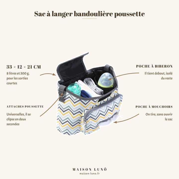 Sac à langer bandoulière poussette Maison Lunö — 33 × 12 × 21 cm, 8 litres, 300 g, poche à biberon isolée, attaches poussette universelles et poche à mouchoirs