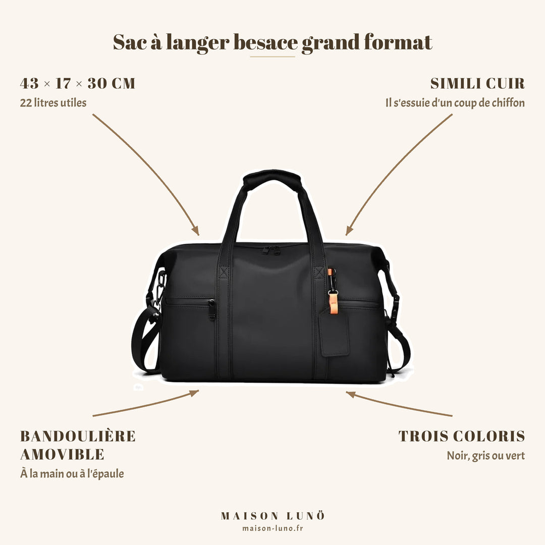 Sac à langer besace grand format Maison Lunö — 43 × 17 × 30 cm, 22 litres, simili cuir et trois coloris