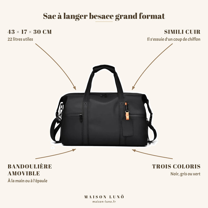 Sac à langer besace grand format Maison Lunö — 43 × 17 × 30 cm, 22 litres, simili cuir et trois coloris