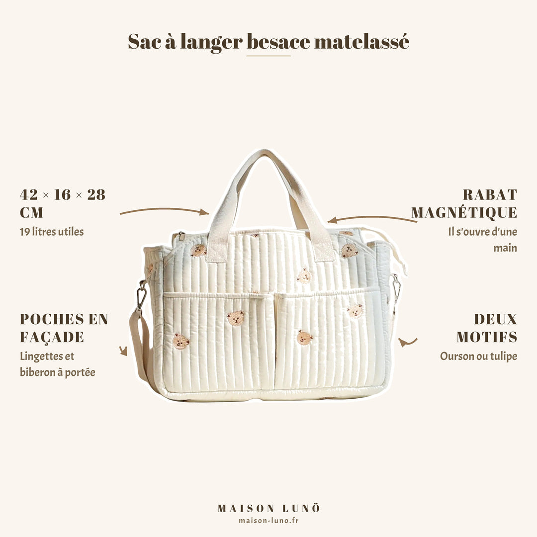 Sac à langer besace matelassé Maison Lunö — 42 × 16 × 28 cm, 19 litres, rabat magnétique et poches en façade