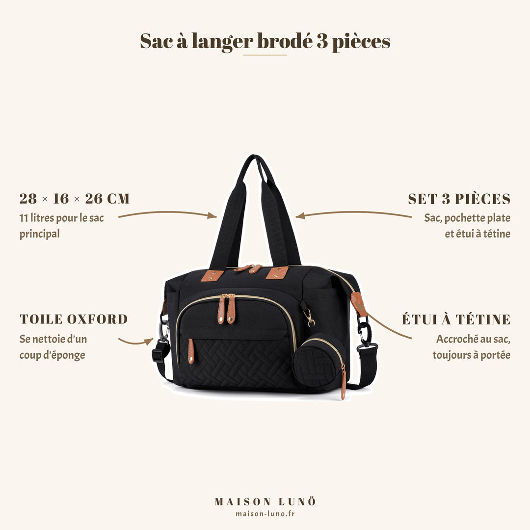 Sac à langer brodé 3 pièces Maison Lunö — 28 × 16 × 26 cm, 11 litres, toile Oxford, sac avec pochette plate et étui à tétine