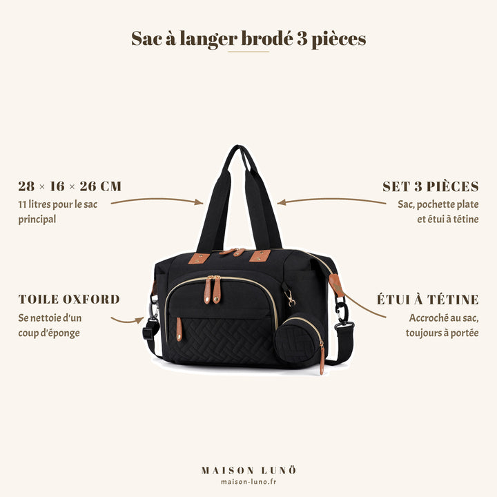 Sac à langer brodé 3 pièces Maison Lunö — 28 × 16 × 26 cm, 11 litres, toile Oxford, sac avec pochette plate et étui à tétine