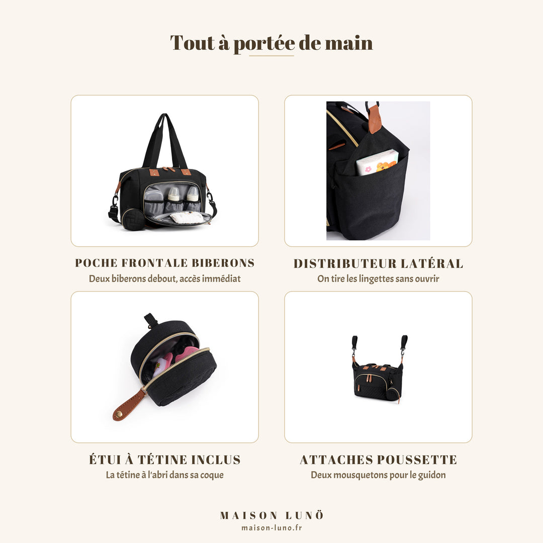 Détails du sac à langer brodé 3 pièces Maison Lunö — poche frontale à biberons, distributeur latéral de lingettes, étui à tétine et attaches poussette