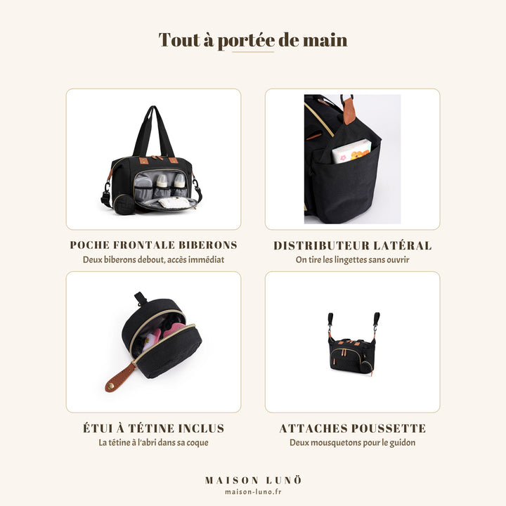 Détails du sac à langer brodé 3 pièces Maison Lunö — poche frontale à biberons, distributeur latéral de lingettes, étui à tétine et attaches poussette