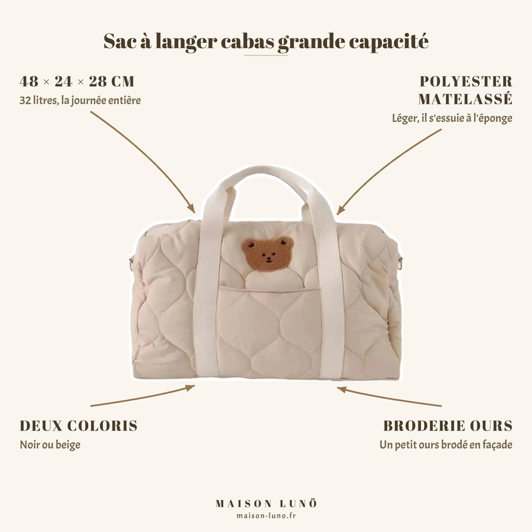 Sac à langer cabas Maison Lunö — 48 × 24 × 28 cm, 32 litres, polyester matelassé et broderie ours