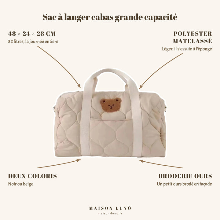 Sac à langer cabas Maison Lunö — 48 × 24 × 28 cm, 32 litres, polyester matelassé et broderie ours