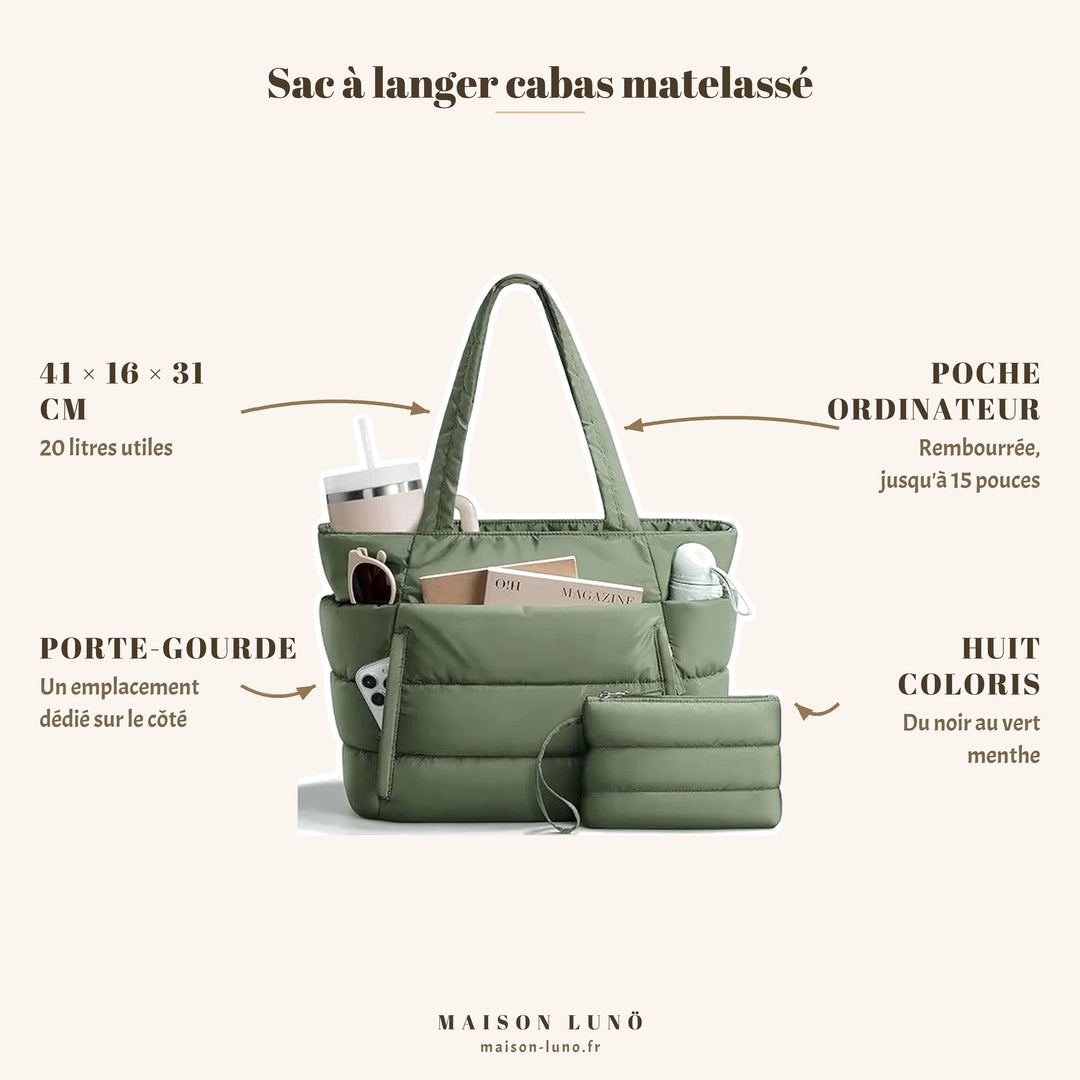 Sac à langer cabas matelassé Maison Lunö — 41 × 16 × 31 cm, 20 litres, poche ordinateur 15 pouces et porte-gourde