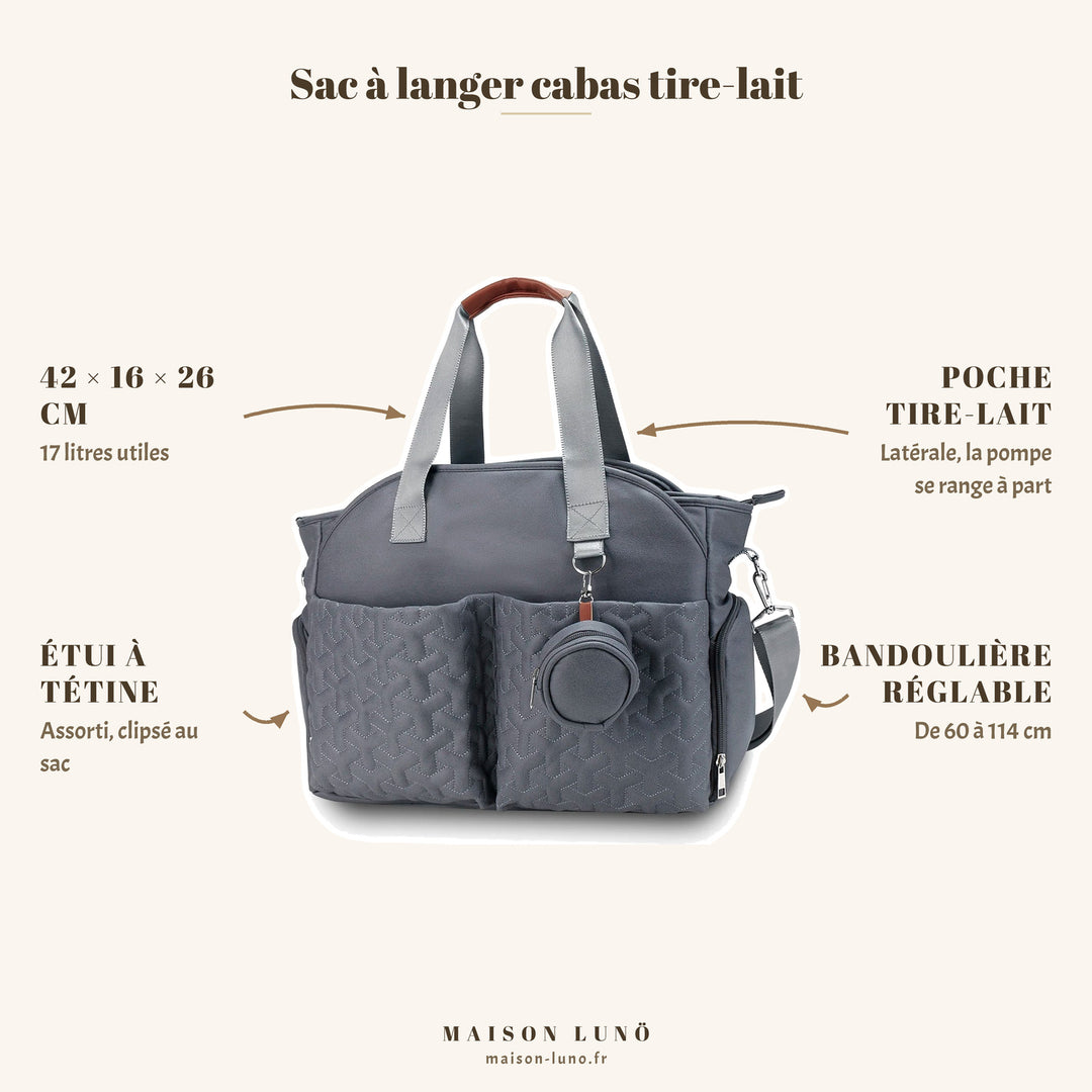 Sac à langer cabas tire-lait Maison Lunö — 42 × 16 × 26 cm, 17 litres, poche tire-lait latérale et étui à tétine