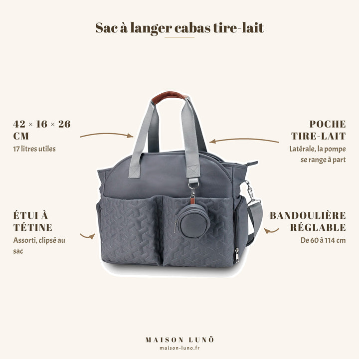 Sac à langer cabas tire-lait Maison Lunö — 42 × 16 × 26 cm, 17 litres, poche tire-lait latérale et étui à tétine