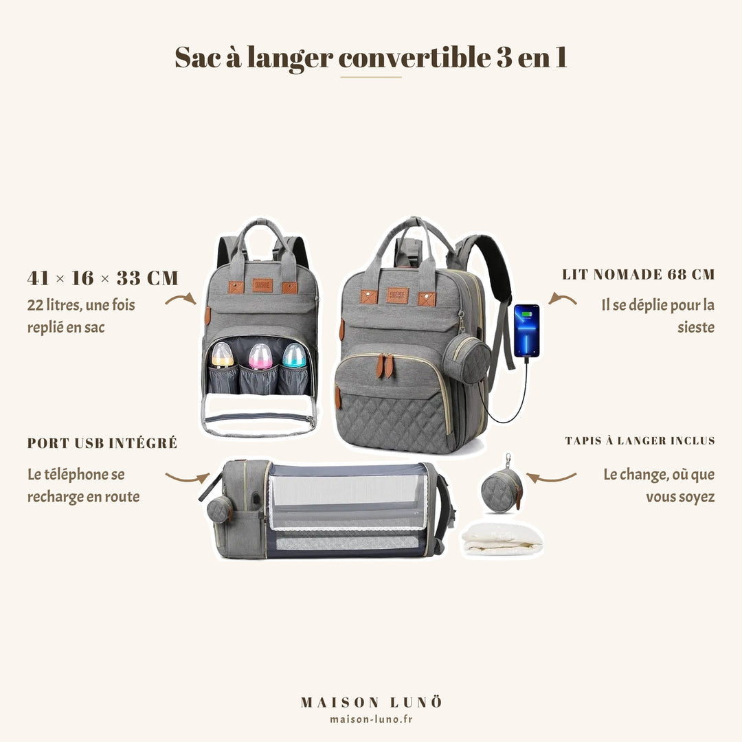 Sac à langer convertible 3 en 1 Maison Lunö — 41 × 16 × 33 cm, 22 litres, lit nomade de 68 cm et port USB intégré
