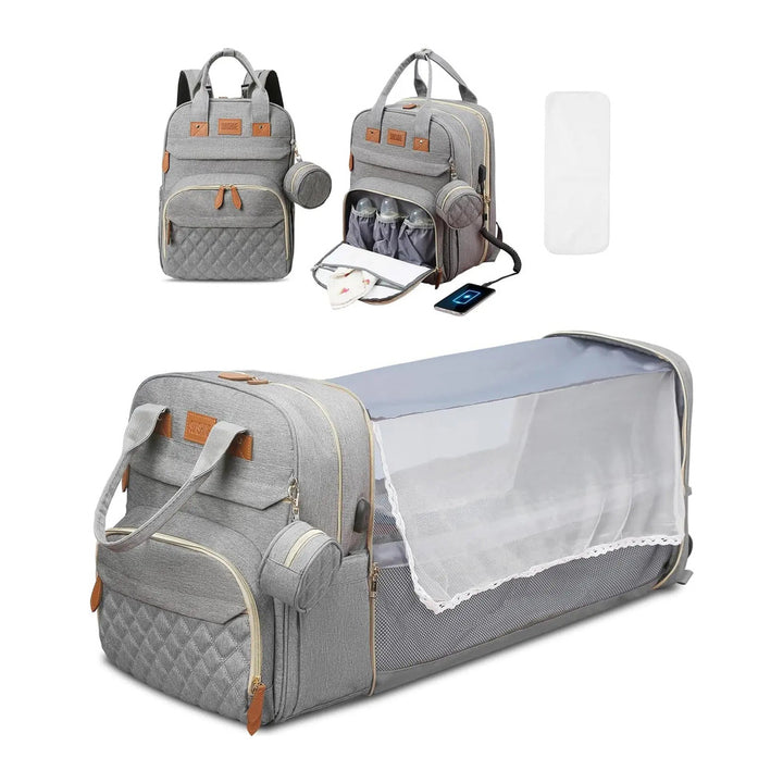 Sac à langer convertible 3 en 1 gris Maison Lunö, sac fermé et lit nomade déplié