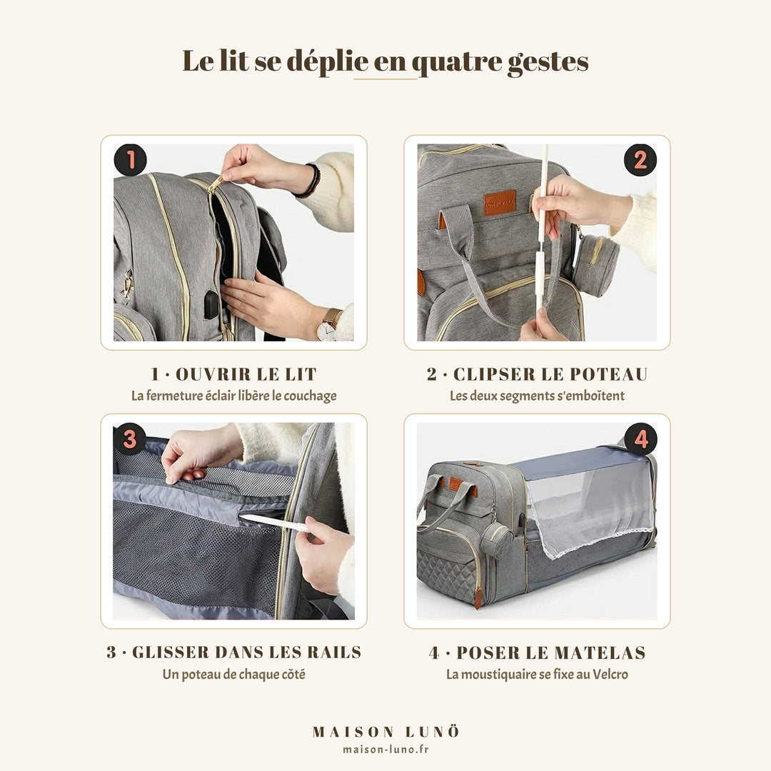 Montage du lit nomade du sac à langer convertible 3 en 1 Maison Lunö en quatre étapes