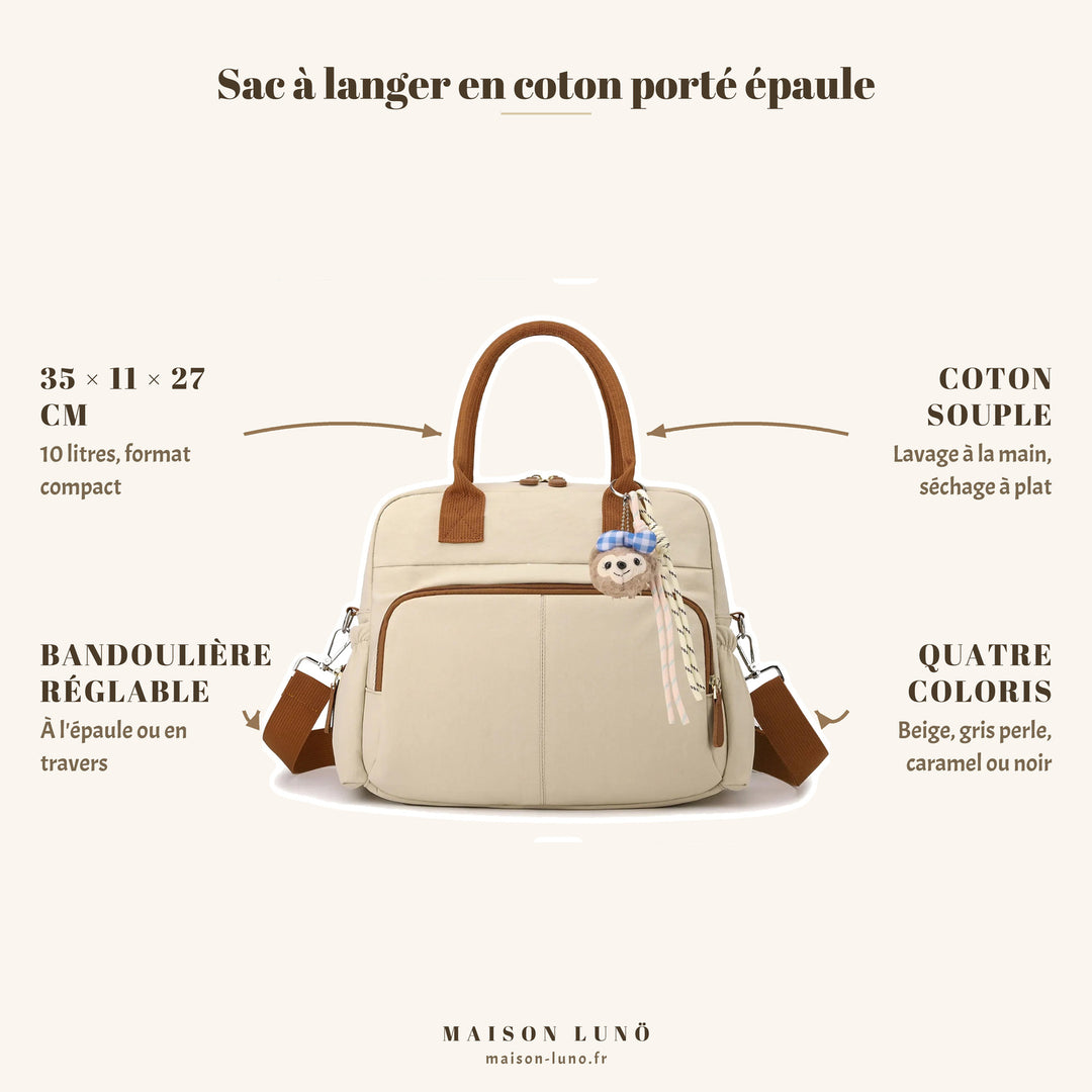 Sac à langer en coton porté épaule Maison Lunö — 35 × 11 × 27 cm, 10 litres et quatre coloris