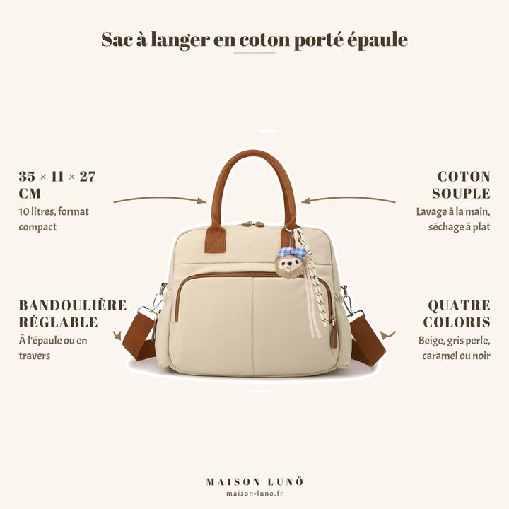 Sac à langer en coton porté épaule Maison Lunö — 35 × 11 × 27 cm, 10 litres et quatre coloris