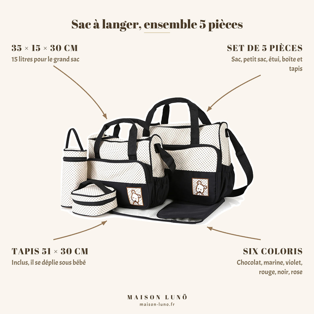 Sac à langer ensemble 5 pièces Maison Lunö — grand sac 35 × 15 × 30 cm, 15 litres, tapis à langer 51 × 30 cm et six coloris