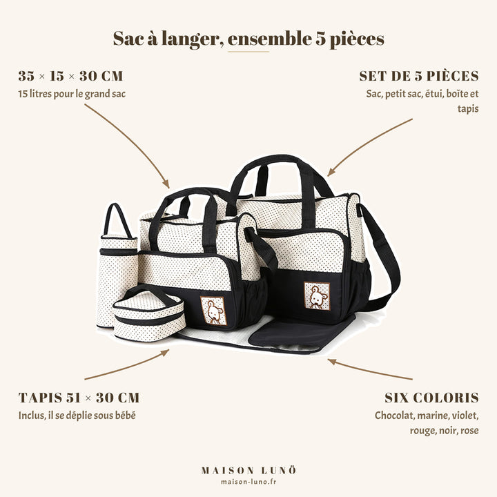 Sac à langer ensemble 5 pièces Maison Lunö — grand sac 35 × 15 × 30 cm, 15 litres, tapis à langer 51 × 30 cm et six coloris