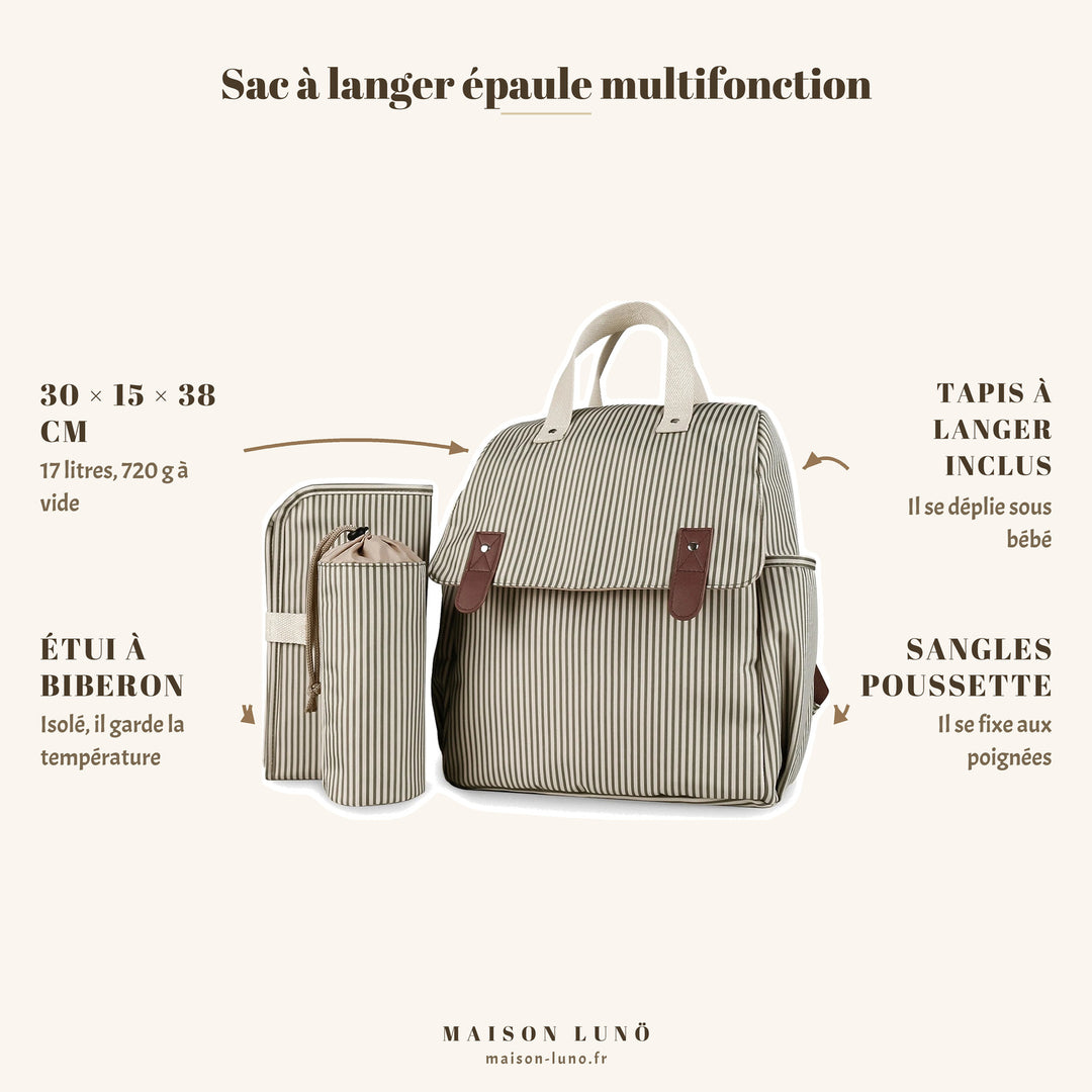 Sac à langer épaule multifonction Maison Lunö — 30 × 15 × 38 cm, 17 litres, tapis à langer, étui à biberon et sangles poussette