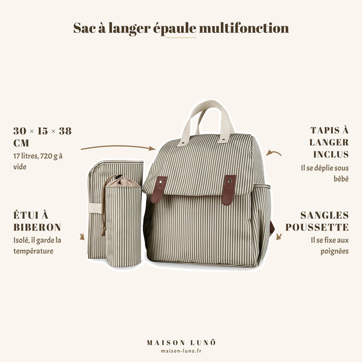 Sac à langer épaule multifonction Maison Lunö — 30 × 15 × 38 cm, 17 litres, tapis à langer, étui à biberon et sangles poussette