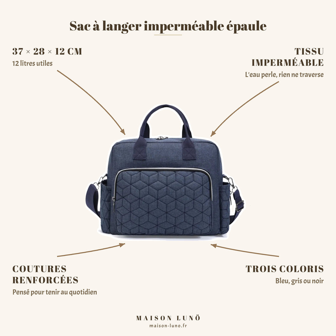 Sac à langer imperméable à porter épaule Maison Lunö — 37 × 28 × 12 cm, 12 litres, tissu imperméable et coutures renforcées