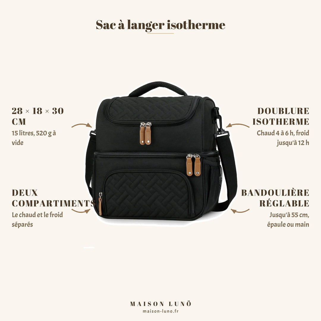 Sac à langer isotherme Maison Lunö — 28 × 18 × 30 cm, 15 litres, deux compartiments chaud et froid
