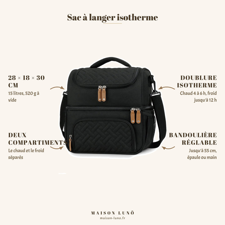 Sac à langer isotherme Maison Lunö — 28 × 18 × 30 cm, 15 litres, deux compartiments chaud et froid