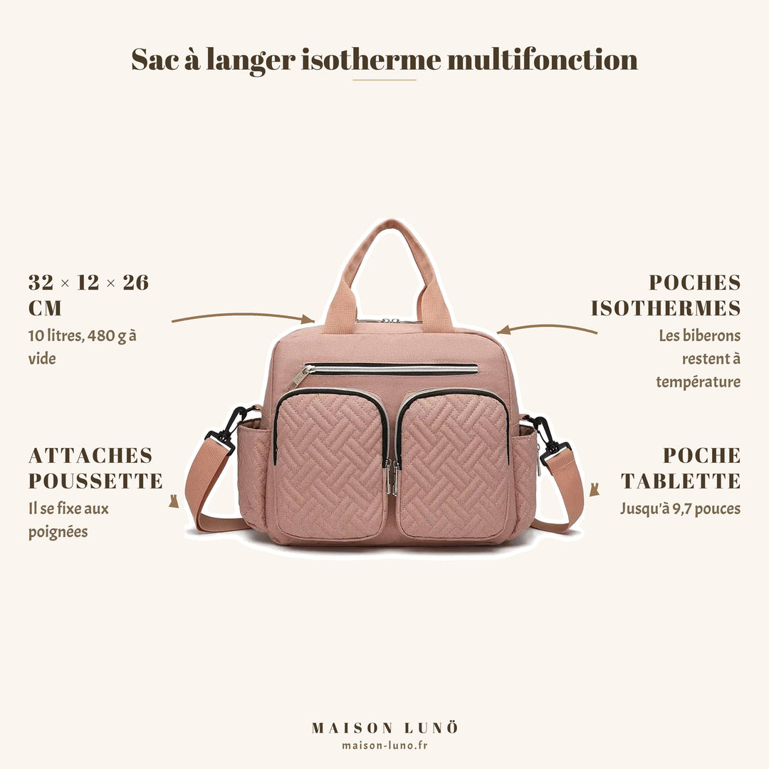 Sac à langer isotherme multifonction Maison Lunö — 32 × 12 × 26 cm, 10 litres, poches isothermes et attaches poussette