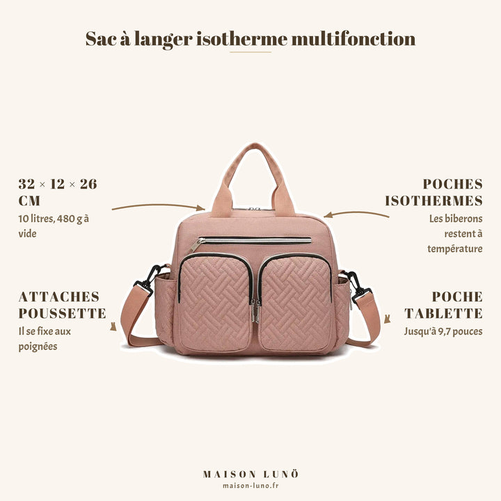 Sac à langer isotherme multifonction Maison Lunö — 32 × 12 × 26 cm, 10 litres, poches isothermes et attaches poussette