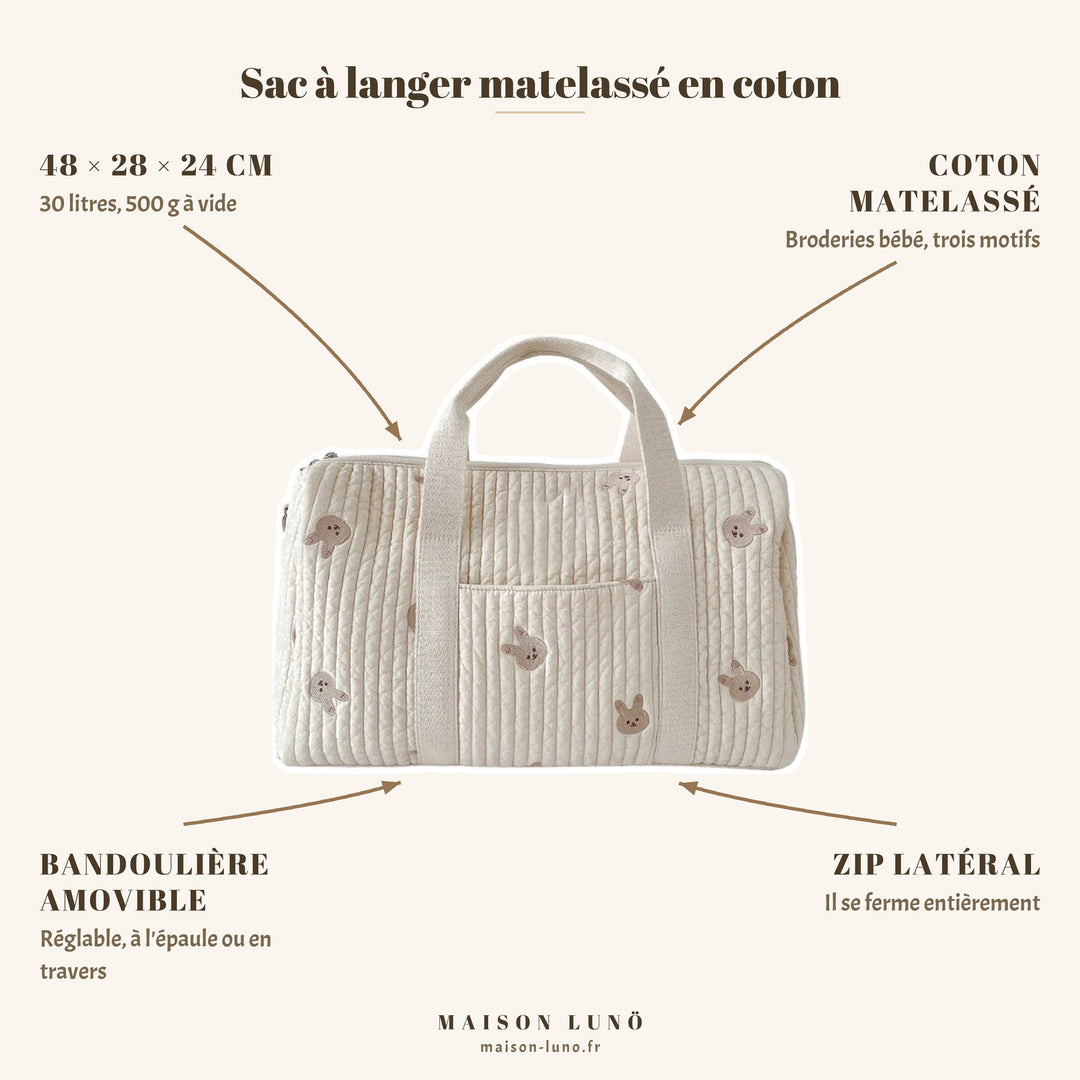 Sac à langer matelassé en coton Maison Lunö — 48 × 28 × 24 cm, 30 litres, bandoulière amovible et zip latéral