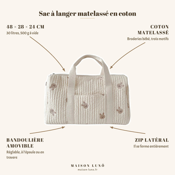 Sac à langer matelassé en coton Maison Lunö — 48 × 28 × 24 cm, 30 litres, bandoulière amovible et zip latéral