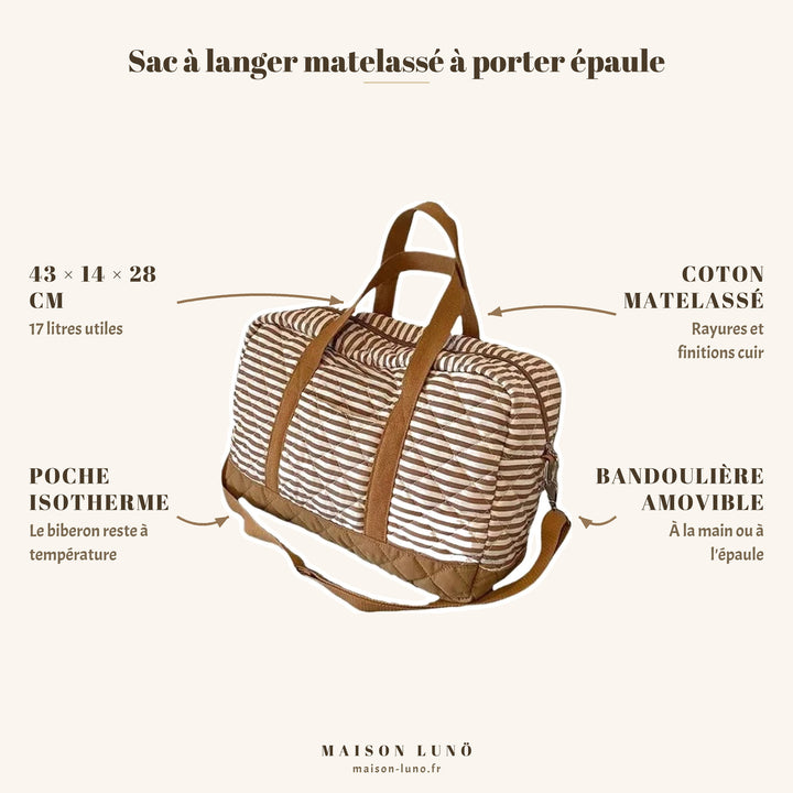 Sac à langer matelassé à porter épaule Maison Lunö — 43 × 14 × 28 cm, 17 litres, poche isotherme et bandoulière amovible