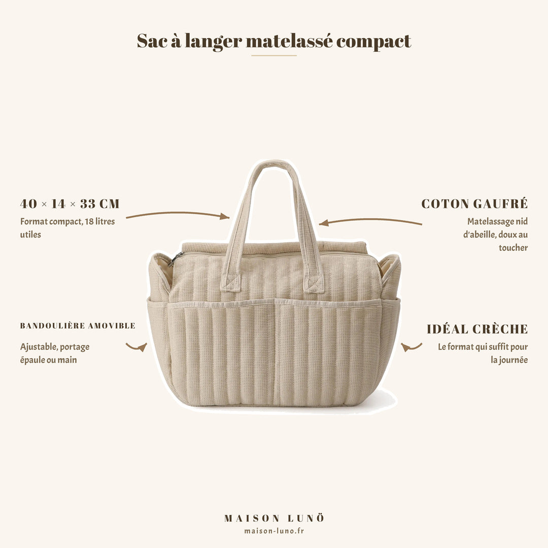 Sac à langer matelassé compact Maison Lunö — 40 × 14 × 33 cm, 18 litres utiles, coton gaufré nid d&