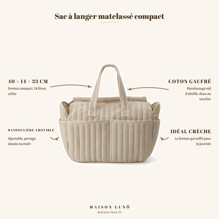 Sac à langer matelassé compact Maison Lunö — 40 × 14 × 33 cm, 18 litres utiles, coton gaufré nid d&