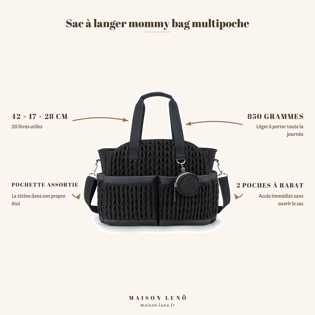 Sac à langer mommy bag multipoche plissé Maison Lunö — 42 × 17 × 28 cm, 20 litres utiles, 850 g, pochette à tétine assortie et deux poches à rabat