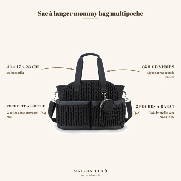 Sac à langer mommy bag multipoche plissé Maison Lunö — 42 × 17 × 28 cm, 20 litres utiles, 850 g, pochette à tétine assortie et deux poches à rabat
