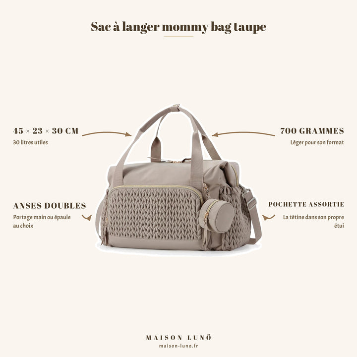 Sac à langer mommy bag taupe plissé Maison Lunö — 45 × 23 × 30 cm, 30 litres utiles, 700 g, anses doubles et pochette à tétine assortie